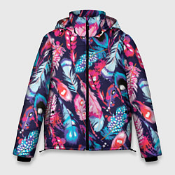 Куртка зимняя мужская Экзотические перья разноцветные, цвет: 3D-черный