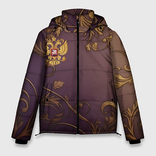Мужская зимняя куртка Герб России золотой на фиолетовом фоне / 3D-Черный – фото 1