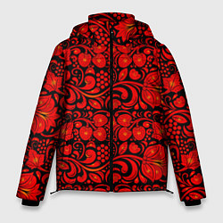 Куртка зимняя мужская Хохломская роспись красные цветы и ягоды на чёрном, цвет: 3D-светло-серый
