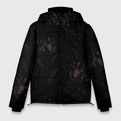 Куртка зимняя мужская Ветка елки с шишками на черном фоне, цвет: 3D-черный