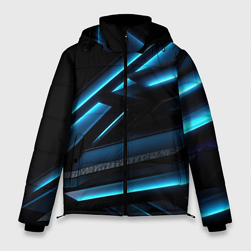 Мужская зимняя куртка Черная абстракция с синим неоновым ярким свечением / 3D-Черный – фото 1