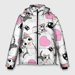 Куртка зимняя мужская Влюблённый котик аниме и сердечки, цвет: 3D-черный