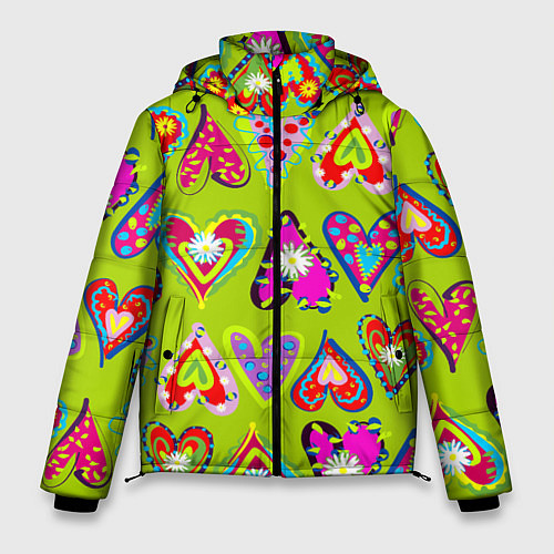 Мужская зимняя куртка Разноцветные сердца в мексиканском стиле / 3D-Черный – фото 1