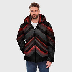 Куртка зимняя мужская Красные яркие неоновые полосы на черной абстракции, цвет: 3D-красный — фото 2