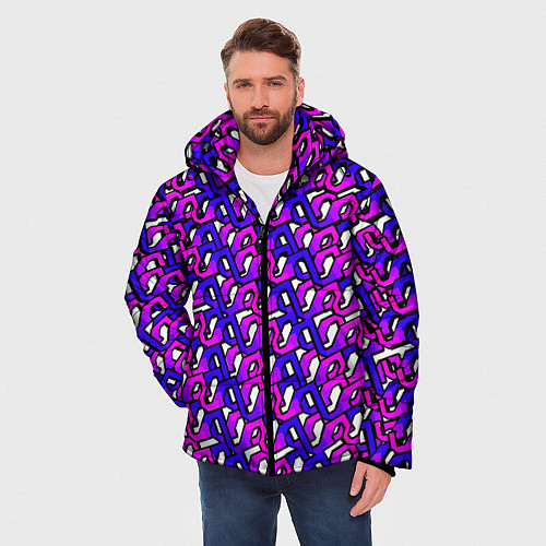 Мужская зимняя куртка Фиолетовый узор и чёрная обводка / 3D-Светло-серый – фото 3