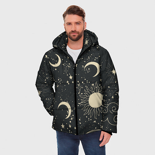 Мужская зимняя куртка Звёздная карта с лунами и солнцем / 3D-Светло-серый – фото 3