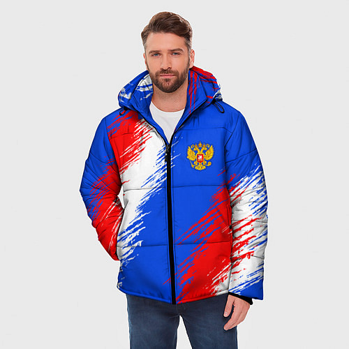 Мужская зимняя куртка Триколор штрихи с гербор РФ / 3D-Светло-серый – фото 3