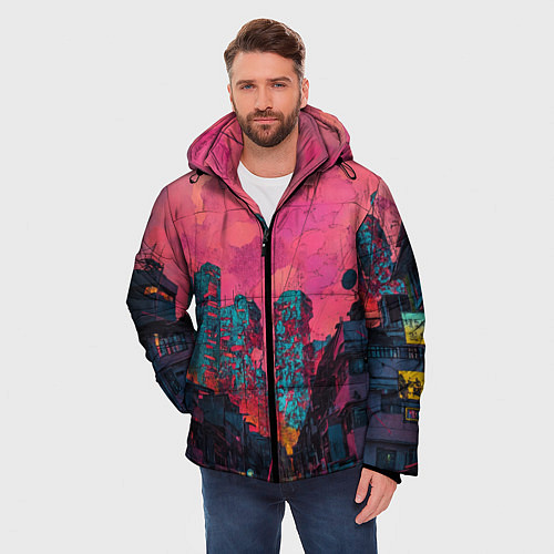Мужская зимняя куртка Абстрактный город в неоновых цветах / 3D-Светло-серый – фото 3