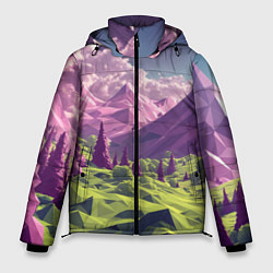 Куртка зимняя мужская Геометрический зеленый пейзаж и фиолетовые горы, цвет: 3D-светло-серый