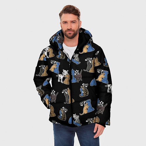 Мужская зимняя куртка Котики и шахматы на черном / 3D-Светло-серый – фото 3