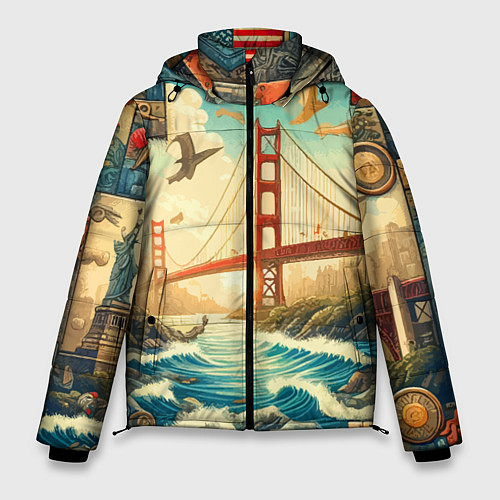 Мужская зимняя куртка Мост через реку и пэчворк - нейросеть арт USA brid / 3D-Черный – фото 1