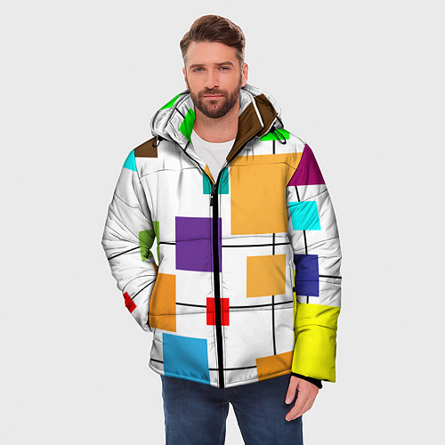 Мужская зимняя куртка Разноцветные квадраты паттерны / 3D-Светло-серый – фото 3