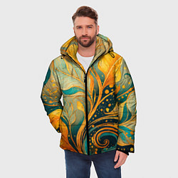 Куртка зимняя мужская Золотые и бирюзовые листья абстракция, цвет: 3D-светло-серый — фото 2