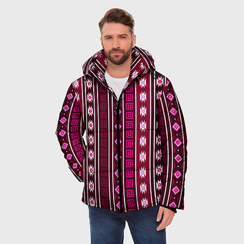Мужская зимняя куртка Темно-розовый вертикальный этнический узор / 3D-Светло-серый – фото 3
