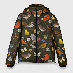 Куртка зимняя мужская Птицы и бабочки с цветами паттерн, цвет: 3D-светло-серый