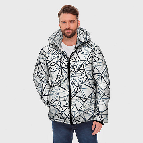 Мужская зимняя куртка Чёрные хаотичные линии на белом фоне / 3D-Светло-серый – фото 3