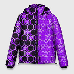 Куртка зимняя мужская Техно-киберпанк шестиугольники фиолетовый и чёрный, цвет: 3D-красный