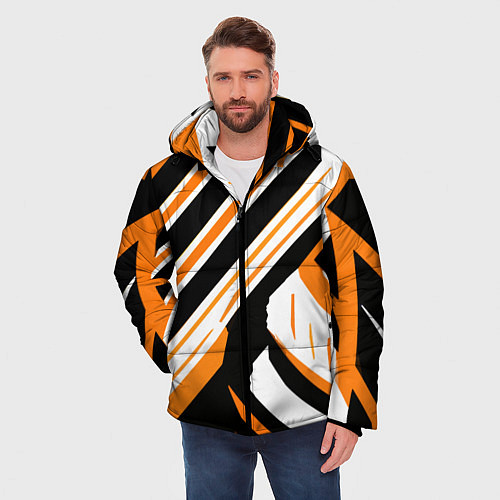 Мужская зимняя куртка Чёрно-оранжевые полосы на белом фоне / 3D-Светло-серый – фото 3