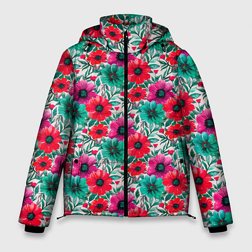 Мужская зимняя куртка Анемоны цветы яркий принт / 3D-Черный – фото 1
