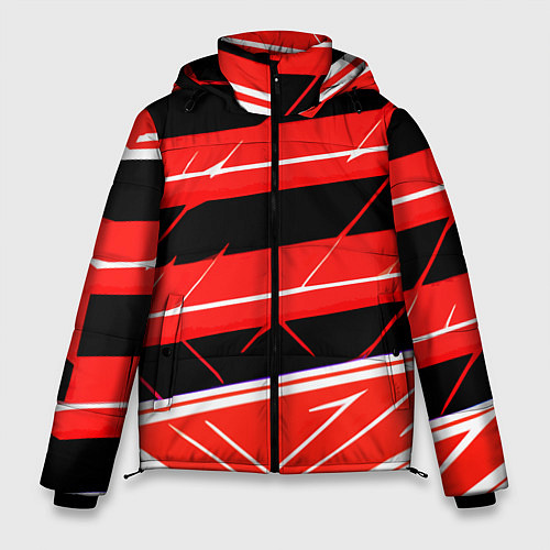 Мужская зимняя куртка Чёрно-белые полосы на красном фоне / 3D-Черный – фото 1