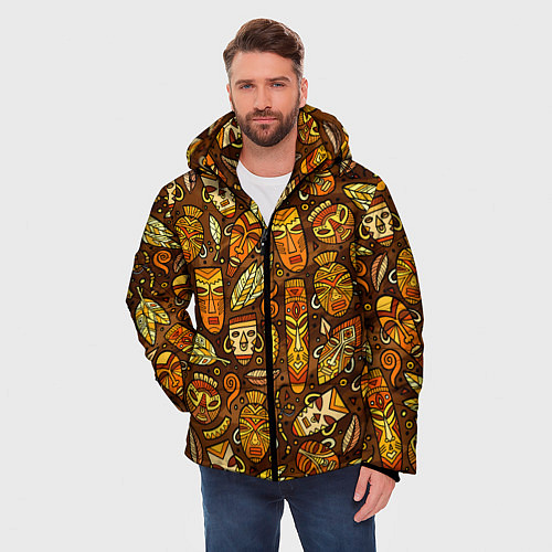 Мужская зимняя куртка Африканские маски - паттерн / 3D-Светло-серый – фото 3