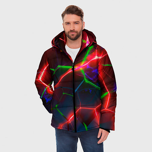 Мужская зимняя куртка Неоновые яркие зеленые плиты с красным светом / 3D-Светло-серый – фото 3