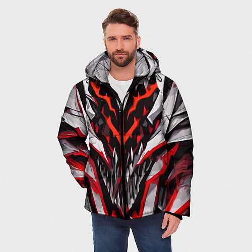 Мужская зимняя куртка Хаотичная красно-белая абстракция / 3D-Светло-серый – фото 3