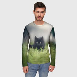 Лонгслив мужской Черный кот на лугу, цвет: 3D-принт — фото 2