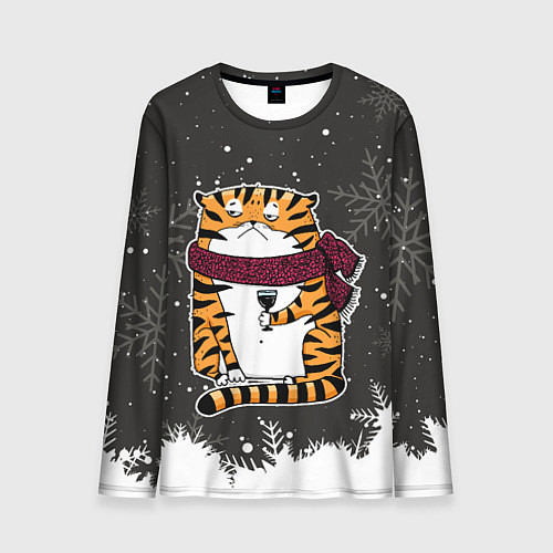 Мужской лонгслив Тигр с бокалом вина / 3D-принт – фото 1