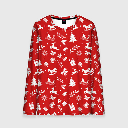 Мужской лонгслив НОВОГОДНИЙ УЗОР КРАСНО БЕЛЫЙ / 3D-принт – фото 1