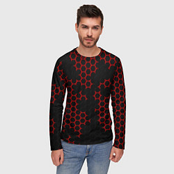 Лонгслив мужской НАНОКОСТЮМ Black and Red Hexagon Гексагоны, цвет: 3D-принт — фото 2