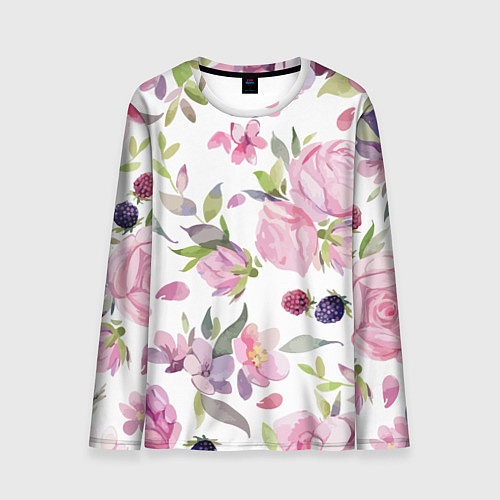 Мужской лонгслив Летний красочный паттерн из цветков розы и ягод еж / 3D-принт – фото 1