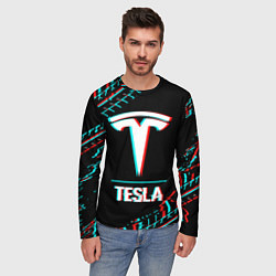Лонгслив мужской Значок Tesla в стиле Glitch на темном фоне, цвет: 3D-принт — фото 2