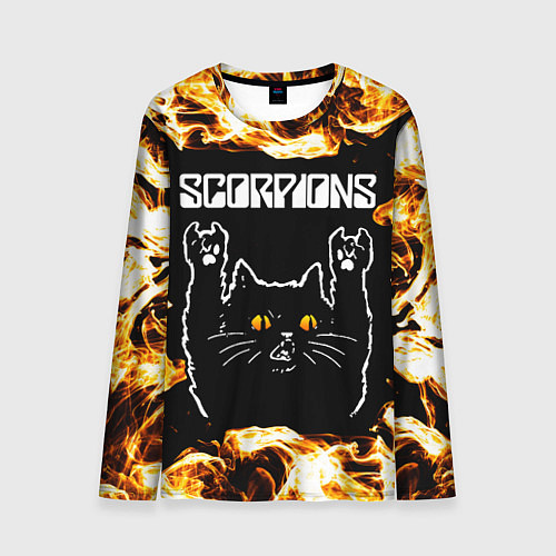 Мужской лонгслив Scorpions рок кот и огонь / 3D-принт – фото 1