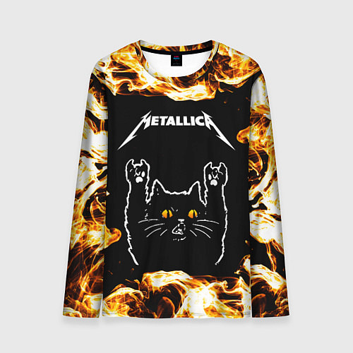 Мужской лонгслив Metallica рок кот и огонь / 3D-принт – фото 1