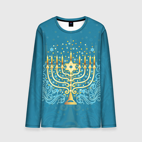 Мужской лонгслив Золотая менора с синим цветочным орнаментом / 3D-принт – фото 1