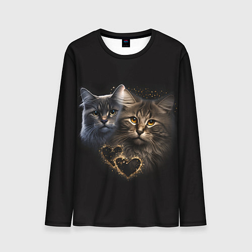 Мужской лонгслив Влюбленные кот и кошка с сердечками / 3D-принт – фото 1