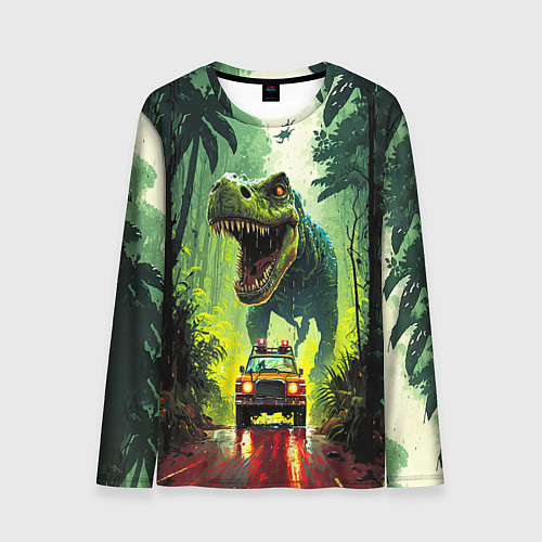 Мужской лонгслив Динозавр в погоне за машиной в джунглях / 3D-принт – фото 1