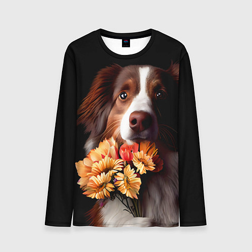 Мужской лонгслив Пёс держит букет цветов / 3D-принт – фото 1