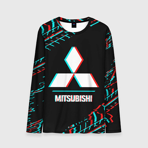 Мужской лонгслив Значок Mitsubishi в стиле glitch на темном фоне / 3D-принт – фото 1