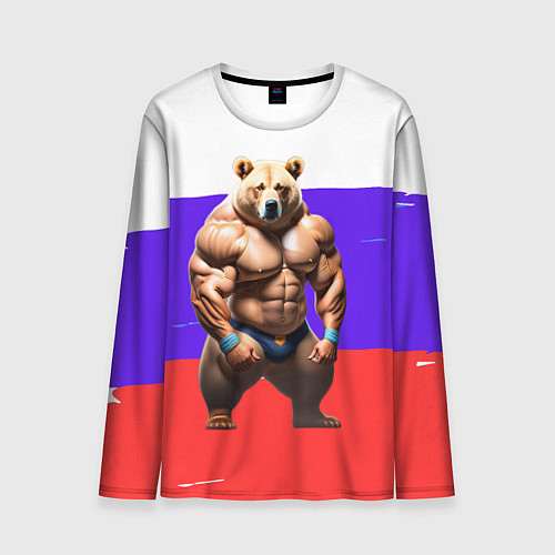 Мужской лонгслив Накаченный медведь на Российском флаге / 3D-принт – фото 1