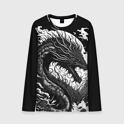 Мужской лонгслив Черно-белый дракон и волны / 3D-принт – фото 1