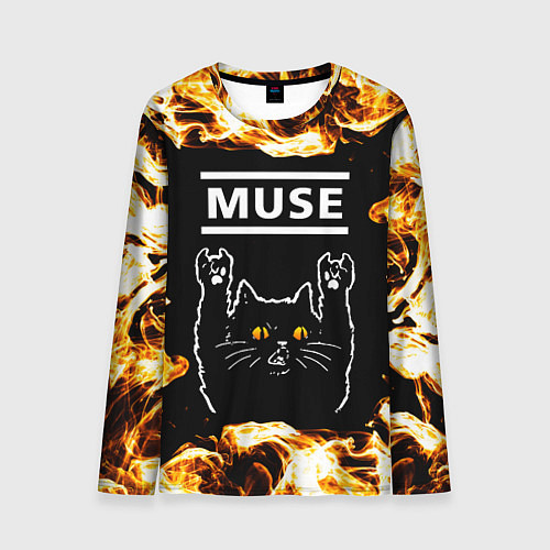 Мужской лонгслив Muse рок кот и огонь / 3D-принт – фото 1