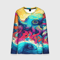 Мужской лонгслив Разноцветный осьминог на волнах красок