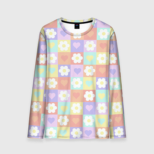 Мужской лонгслив Сердечки и цветочки в пастельных квадратах / 3D-принт – фото 1