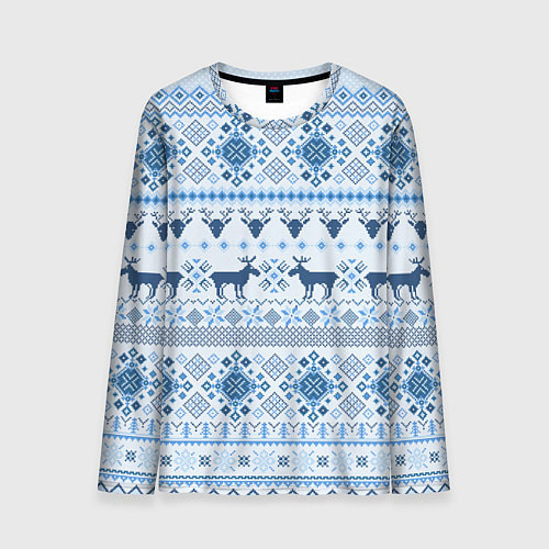 Мужской лонгслив Blue sweater with reindeer / 3D-принт – фото 1