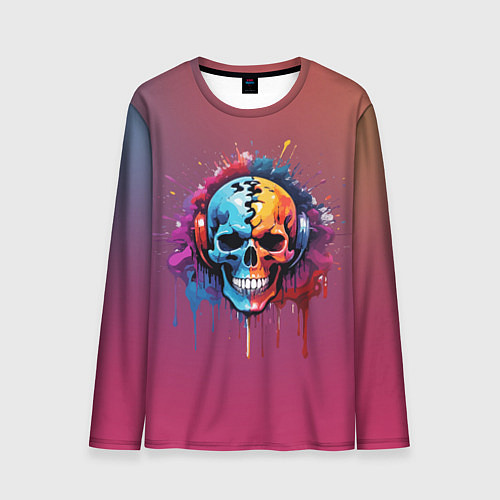 Мужской лонгслив Череп Dj в наушниках и брызги краски / 3D-принт – фото 1