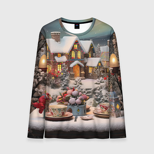 Мужской лонгслив Объемные новогодние домики / 3D-принт – фото 1