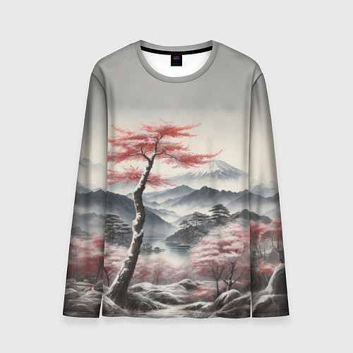 Мужской лонгслив Высокое дерево и гора Фудзияма / 3D-принт – фото 1