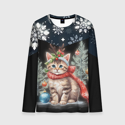 Мужской лонгслив Новогодний котик у ёлок в шарфе горы в снежинках / 3D-принт – фото 1